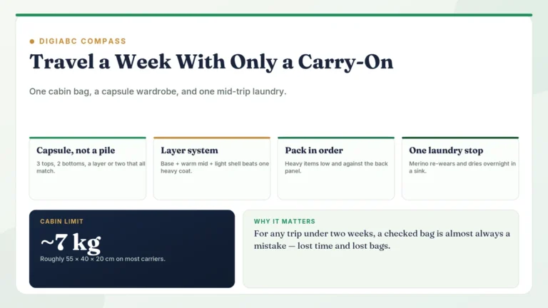 DigiABC Compass card on carry-on-only travel — a capsule wardrobe, a layer system, packing order and one laundry stop — within a roughly 7 kg, 55 by 40 by 20 cm cabin limit.