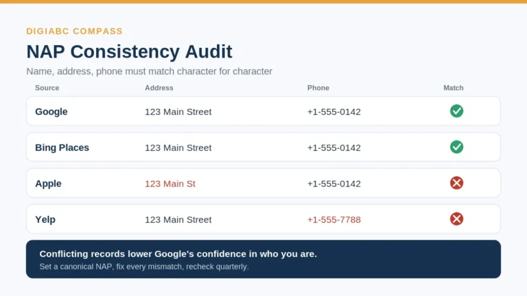 NAP consistency audit comparing name, address, and phone across Google, Bing, Apple, and Yelp