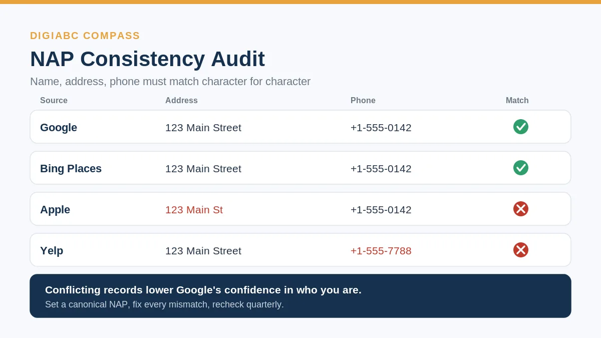 NAP consistency audit comparing name, address, and phone across Google, Bing, Apple, and Yelp